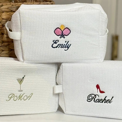 Personalized Waffle Makeup Bag, Customized Name Toiletry Bag, Embroidered Letter Makeup Bag, Initial Monogram Makeup Bag, Bridesmaid Waffle Woven Cosmetic Bag For Travel