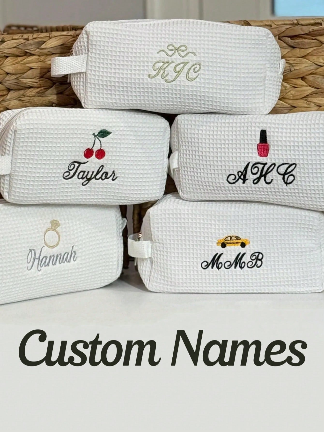 Personalized Waffle Makeup Bag, Customized Name Toiletry Bag, Embroidered Letter Makeup Bag, Initial Monogram Makeup Bag, Bridesmaid Waffle Woven Cosmetic Bag For Travel