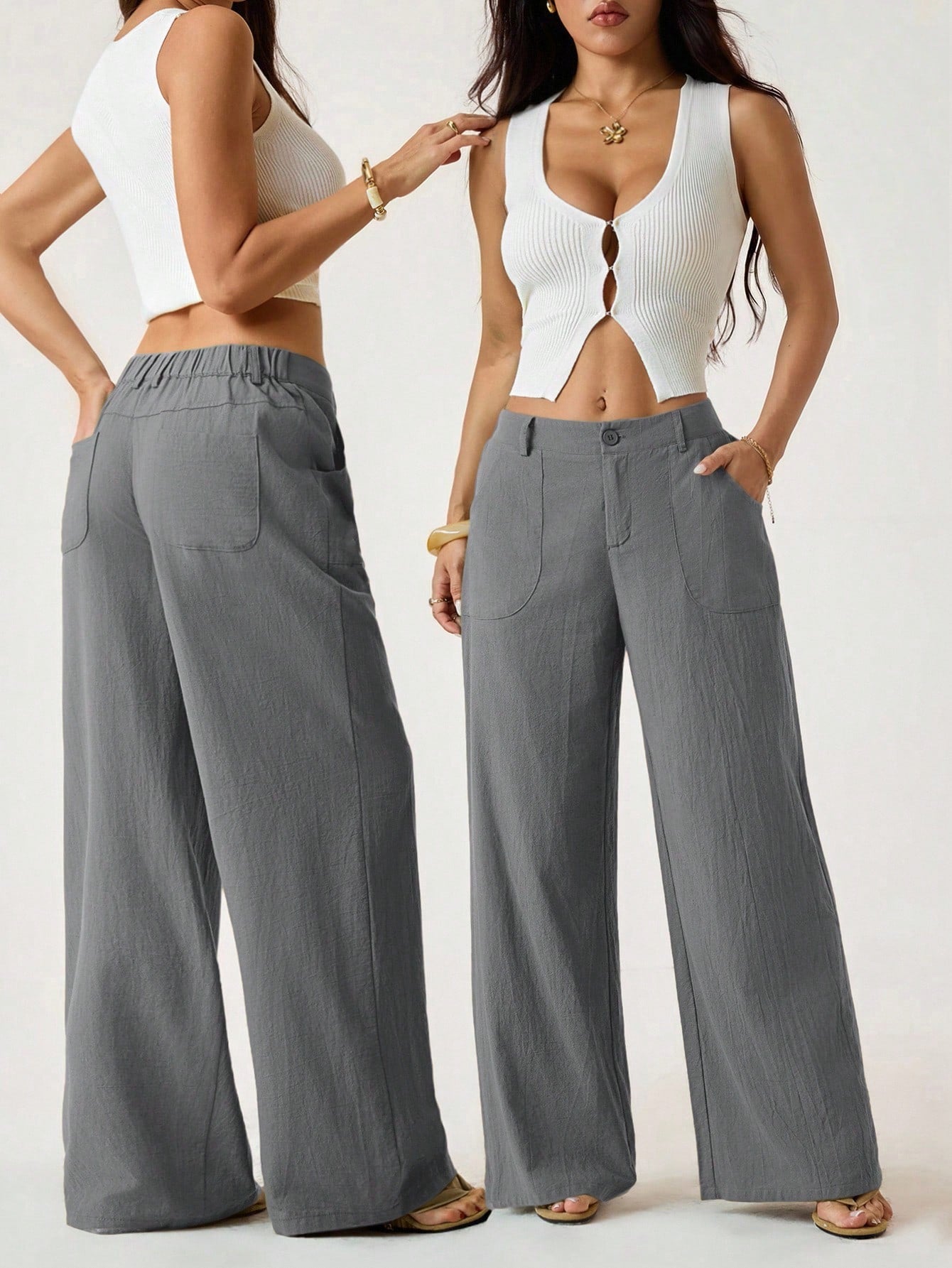 PETITE 100% Washed Cotton Low Waist Straight Pants,Petite Women