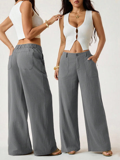 PETITE 100% Washed Cotton Low Waist Straight Pants,Petite Women