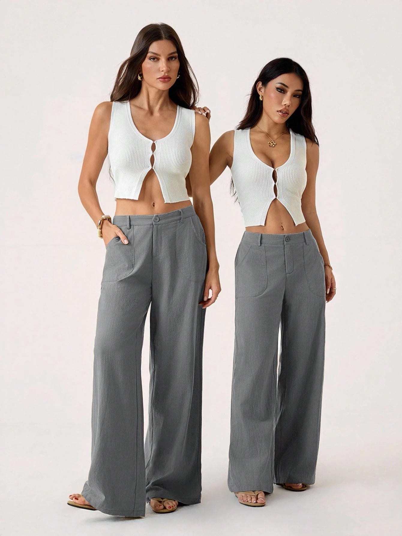 PETITE 100% Washed Cotton Low Waist Straight Pants,Petite Women