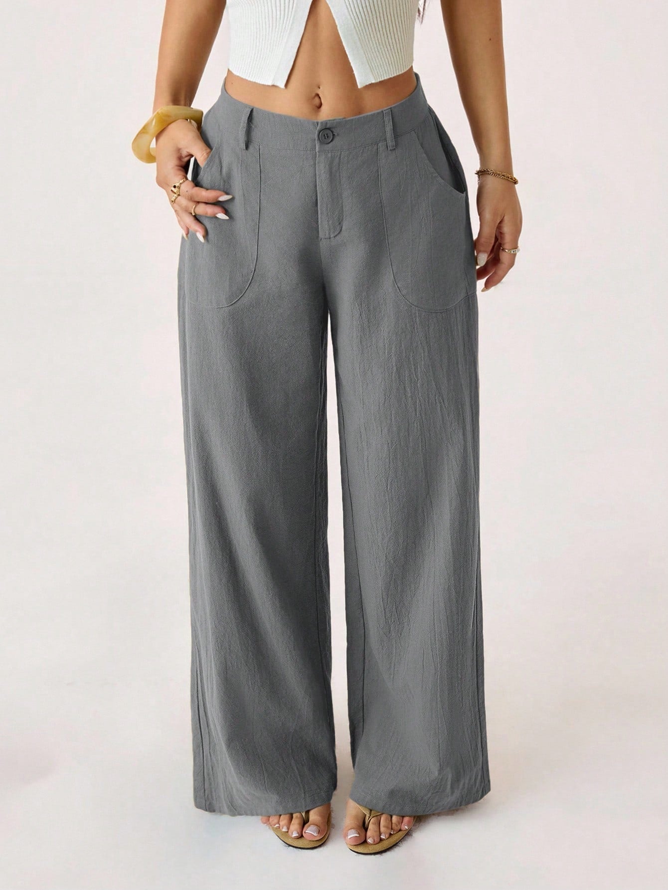 PETITE 100% Washed Cotton Low Waist Straight Pants,Petite Women