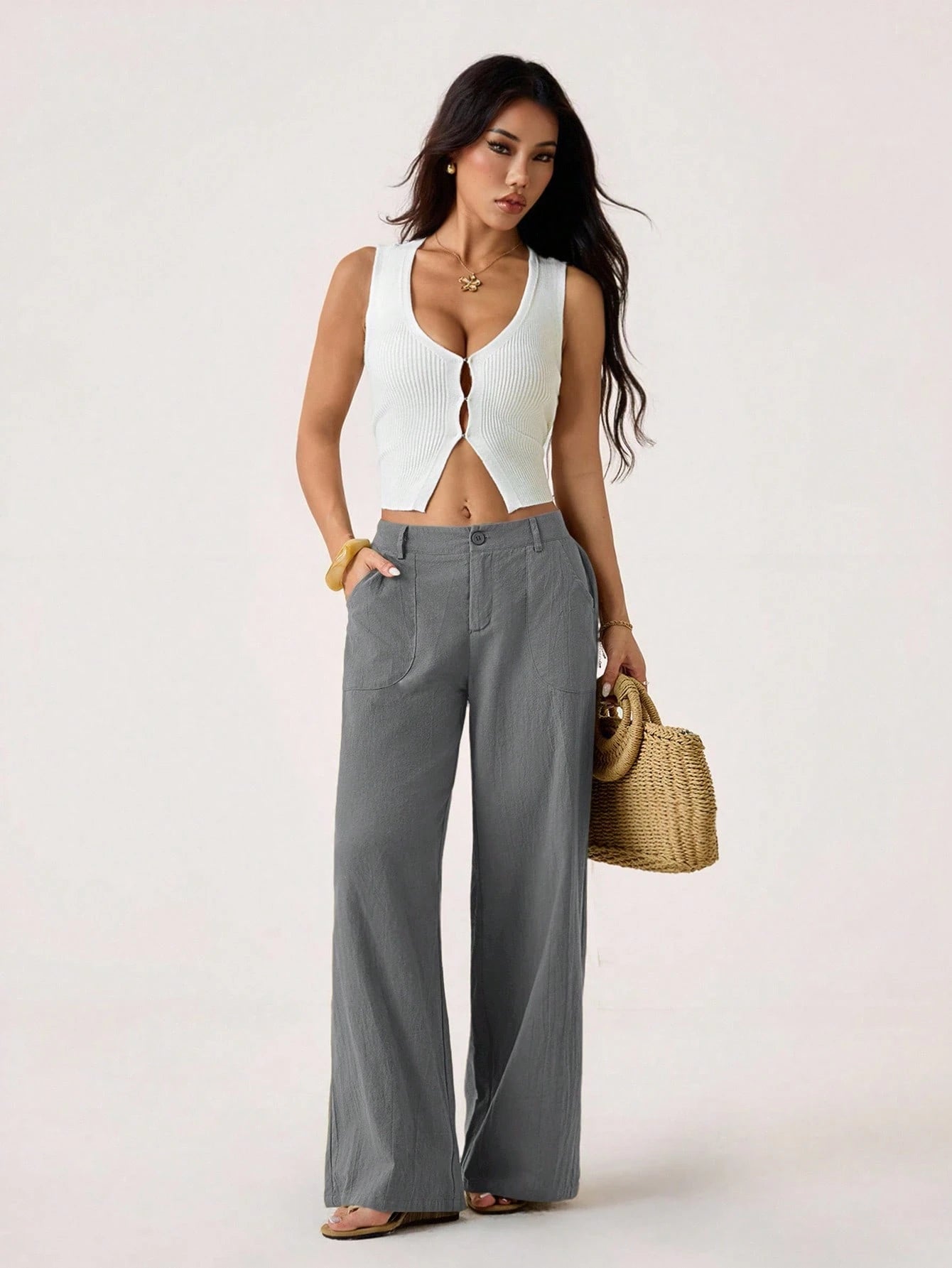 PETITE 100% Washed Cotton Low Waist Straight Pants,Petite Women