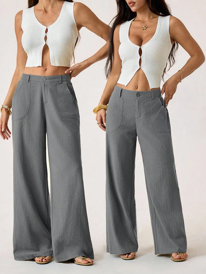 PETITE 100% Washed Cotton Low Waist Straight Pants,Petite Women