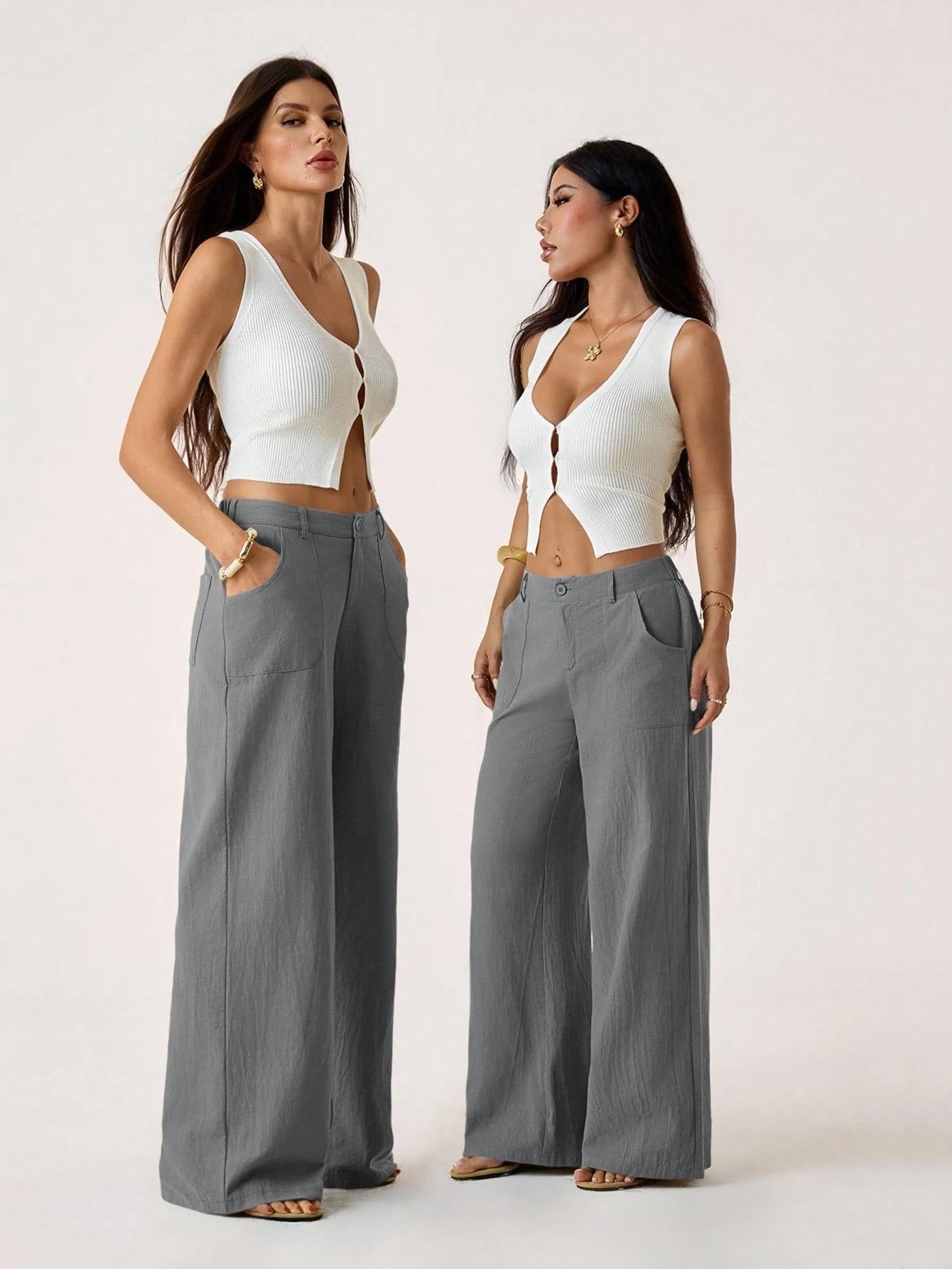 PETITE 100% Washed Cotton Low Waist Straight Pants,Petite Women