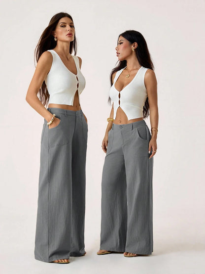 PETITE 100% Washed Cotton Low Waist Straight Pants,Petite Women