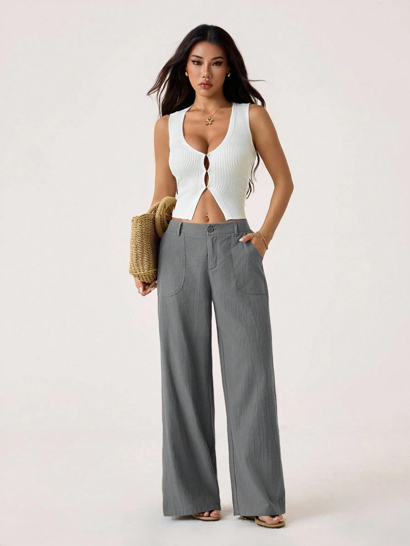 PETITE 100% Washed Cotton Low Waist Straight Pants,Petite Women