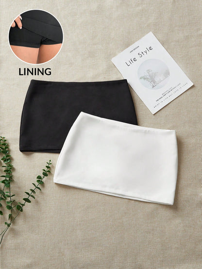PETITE 2pcs Solid Color Low Waist Mini Skirt,Petite Women Party Night White Autumn Disco Sexy