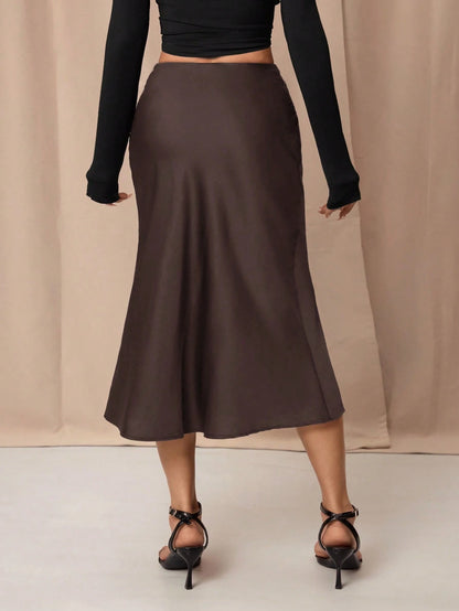 PETITE Black High Waist Solid Color Skirt With Satin Texture Suitable For Dance And Daily Wear,Petite Women