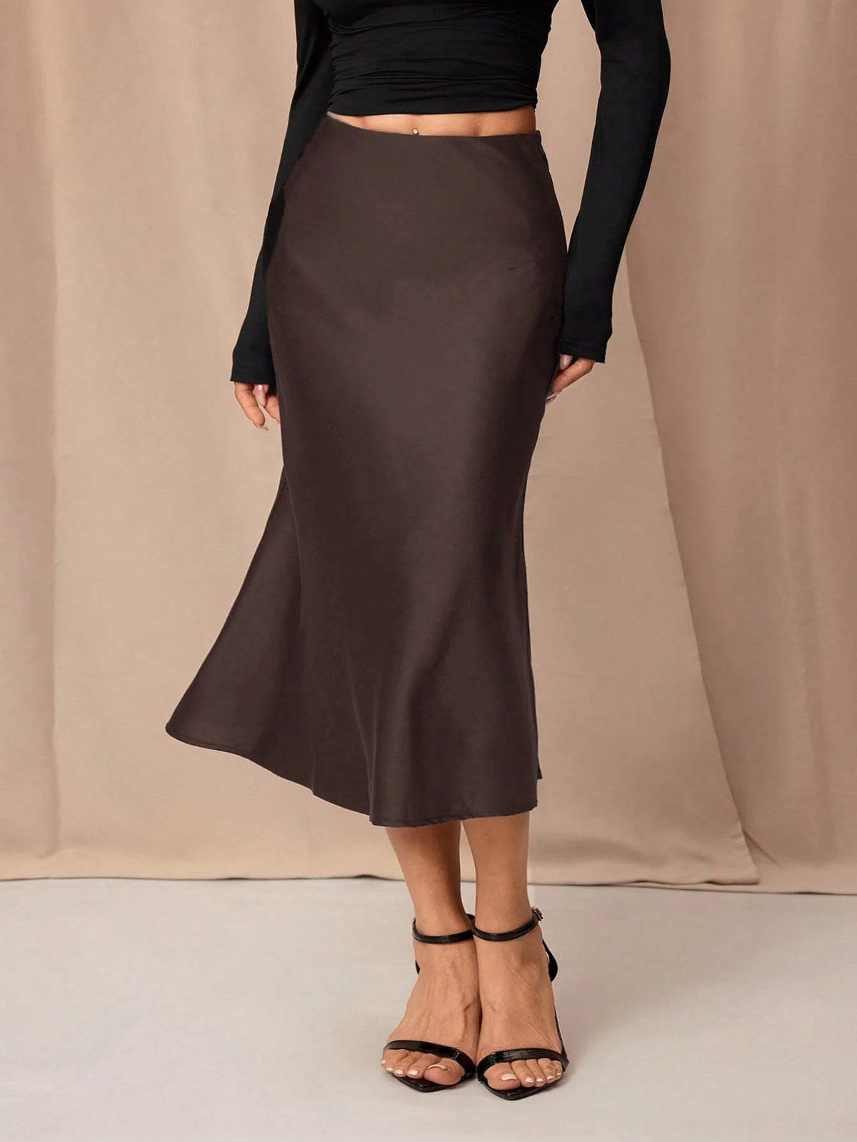 PETITE Black High Waist Solid Color Skirt With Satin Texture Suitable For Dance And Daily Wear,Petite Women