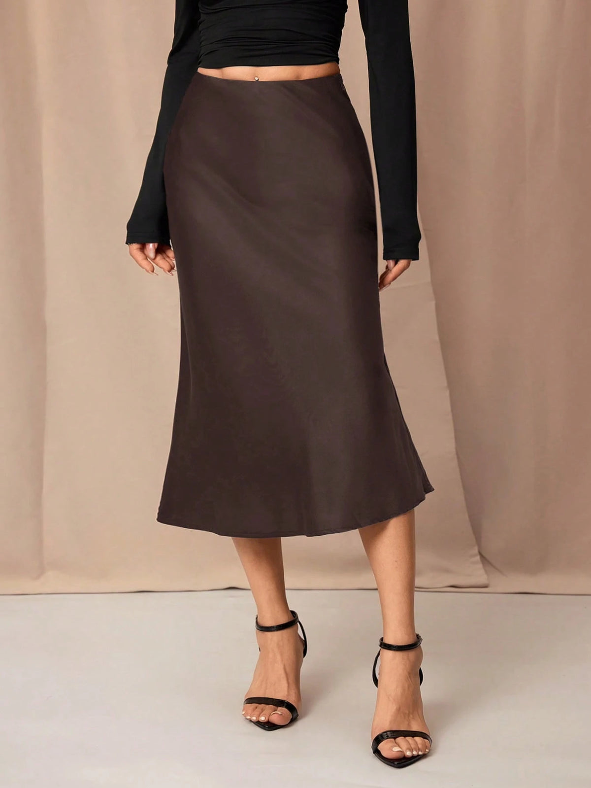 PETITE Black High Waist Solid Color Skirt With Satin Texture Suitable For Dance And Daily Wear,Petite Women