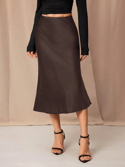 PETITE Black High Waist Solid Color Skirt With Satin Texture Suitable For Dance And Daily Wear,Petite Women