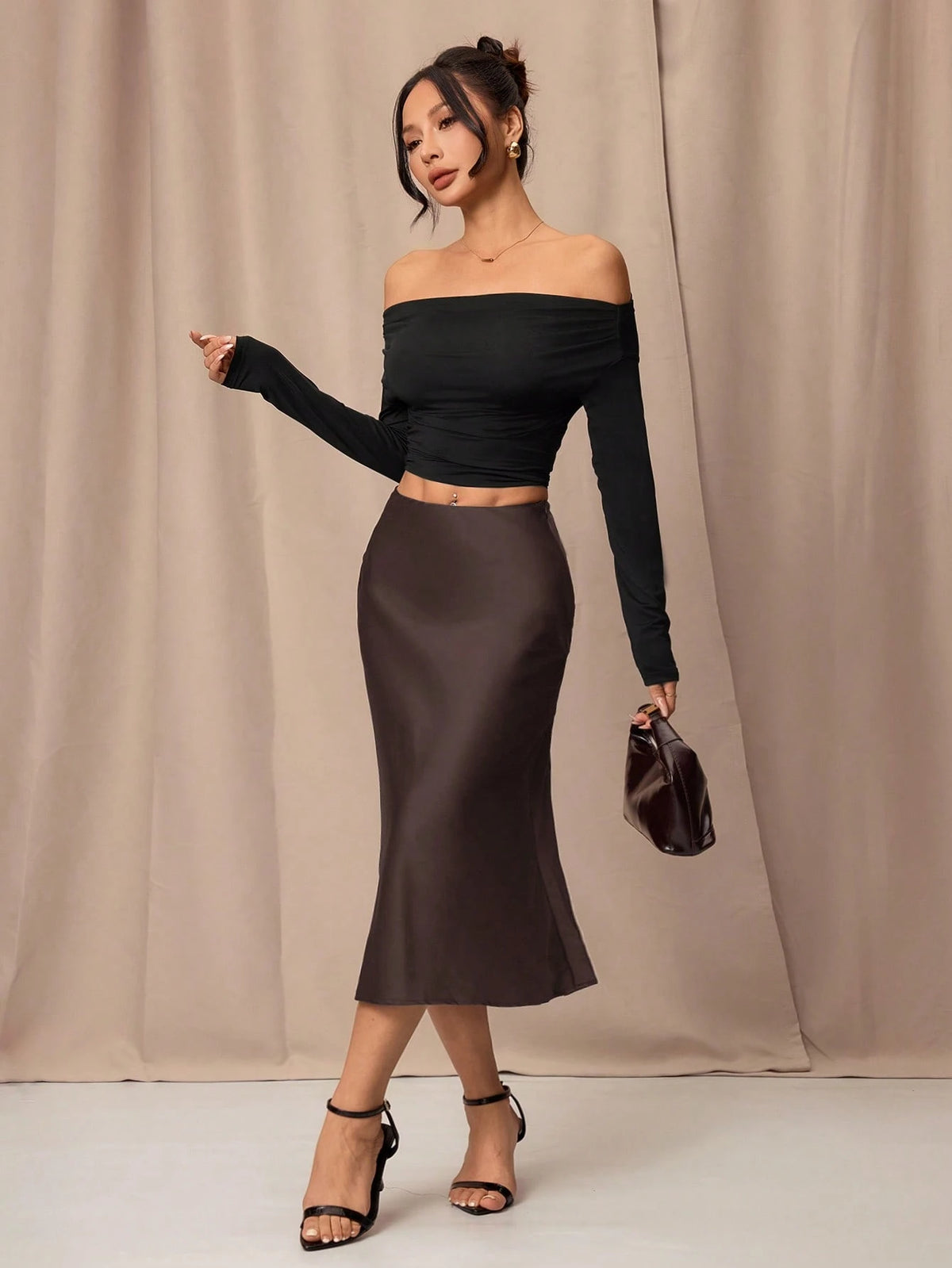 PETITE Black High Waist Solid Color Skirt With Satin Texture Suitable For Dance And Daily Wear,Petite Women
