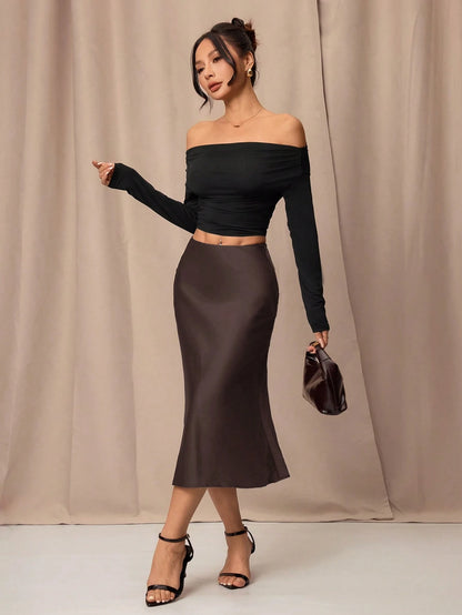 PETITE Black High Waist Solid Color Skirt With Satin Texture Suitable For Dance And Daily Wear,Petite Women