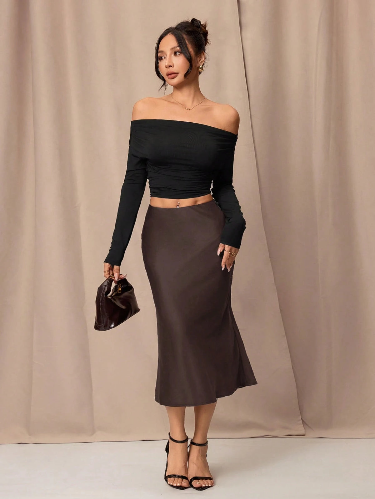 PETITE Black High Waist Solid Color Skirt With Satin Texture Suitable For Dance And Daily Wear,Petite Women