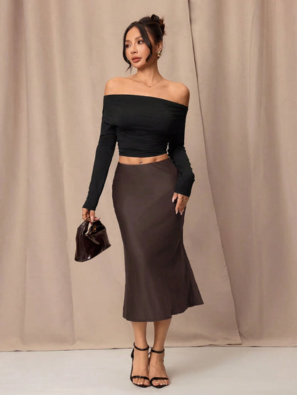 PETITE Black High Waist Solid Color Skirt With Satin Texture Suitable For Dance And Daily Wear,Petite Women