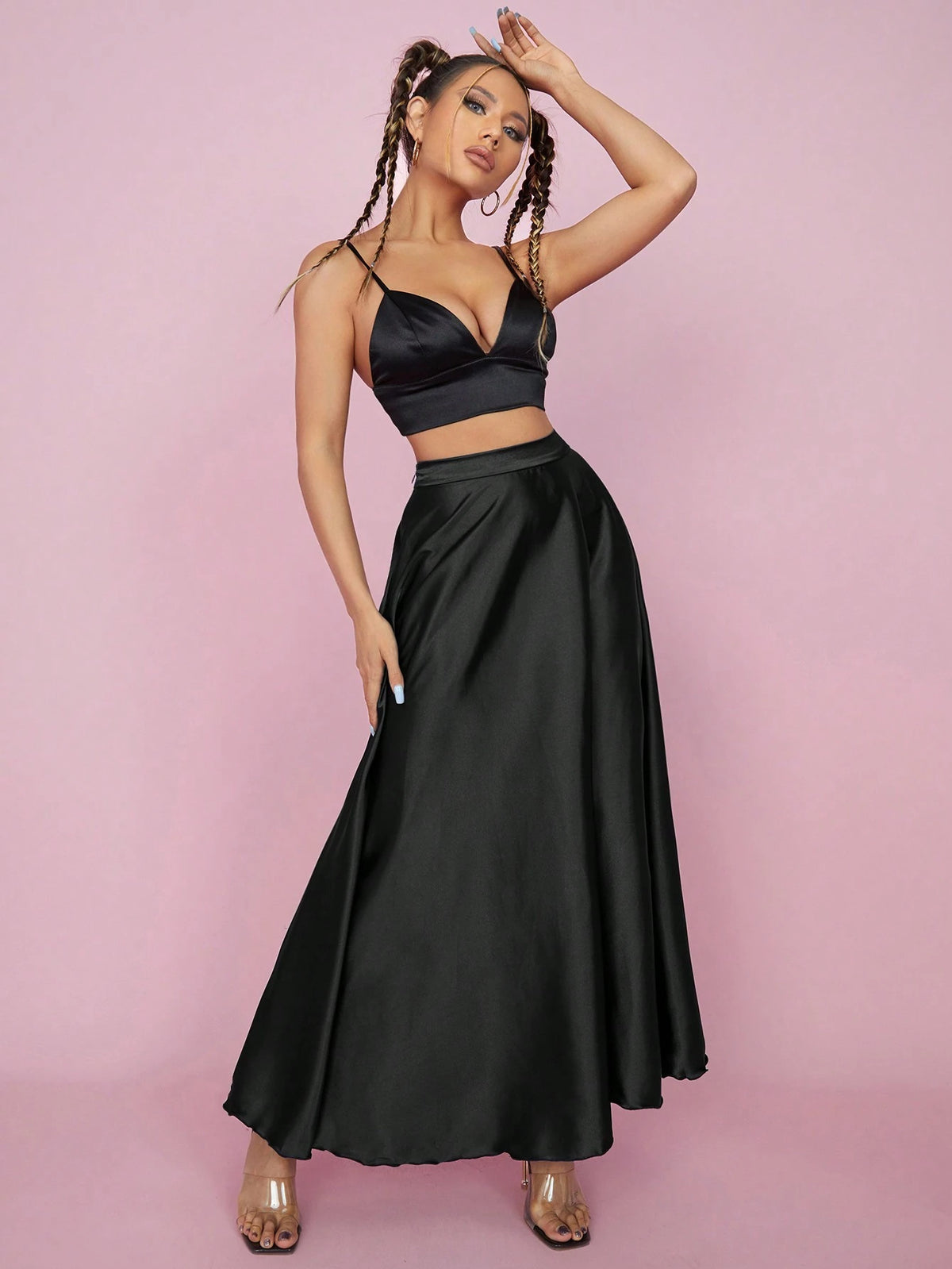 PETITE High Waist Solid Flared Party Women Skirt,Petite Women