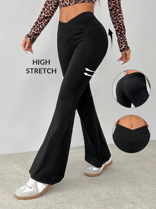 PETITE Simple Casual Solid Color Wrap High Waist Flared Pants,Petite Women Gym Workout Black Summer