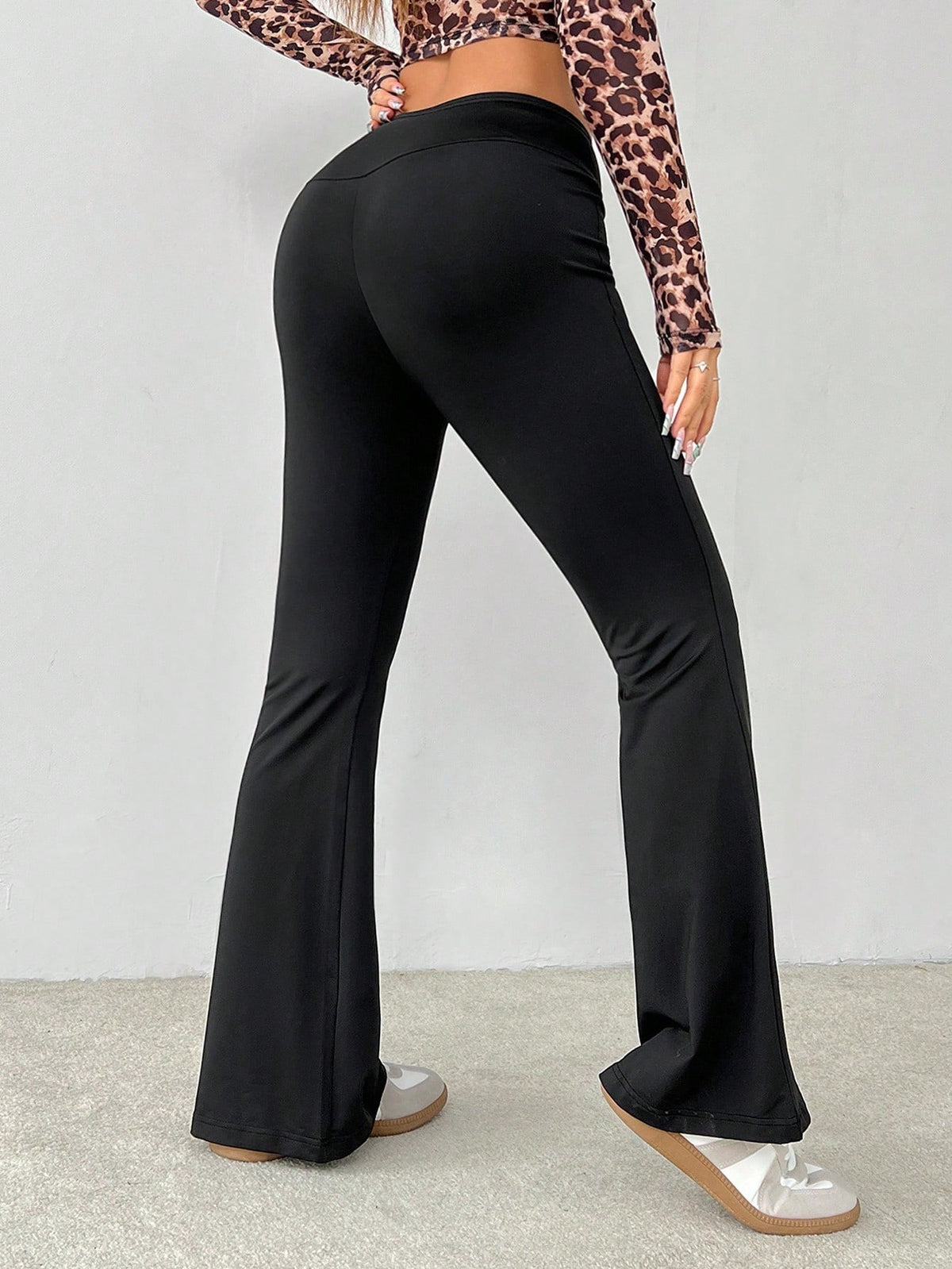 PETITE Simple Casual Solid Color Wrap High Waist Flared Pants,Petite Women Gym Workout Black Summer