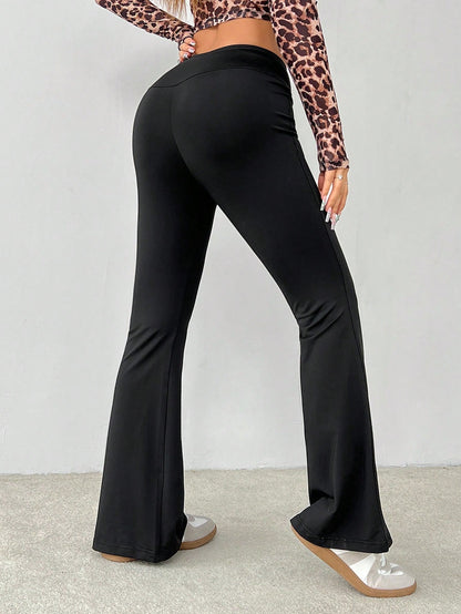 PETITE Simple Casual Solid Color Wrap High Waist Flared Pants,Petite Women Gym Workout Black Summer
