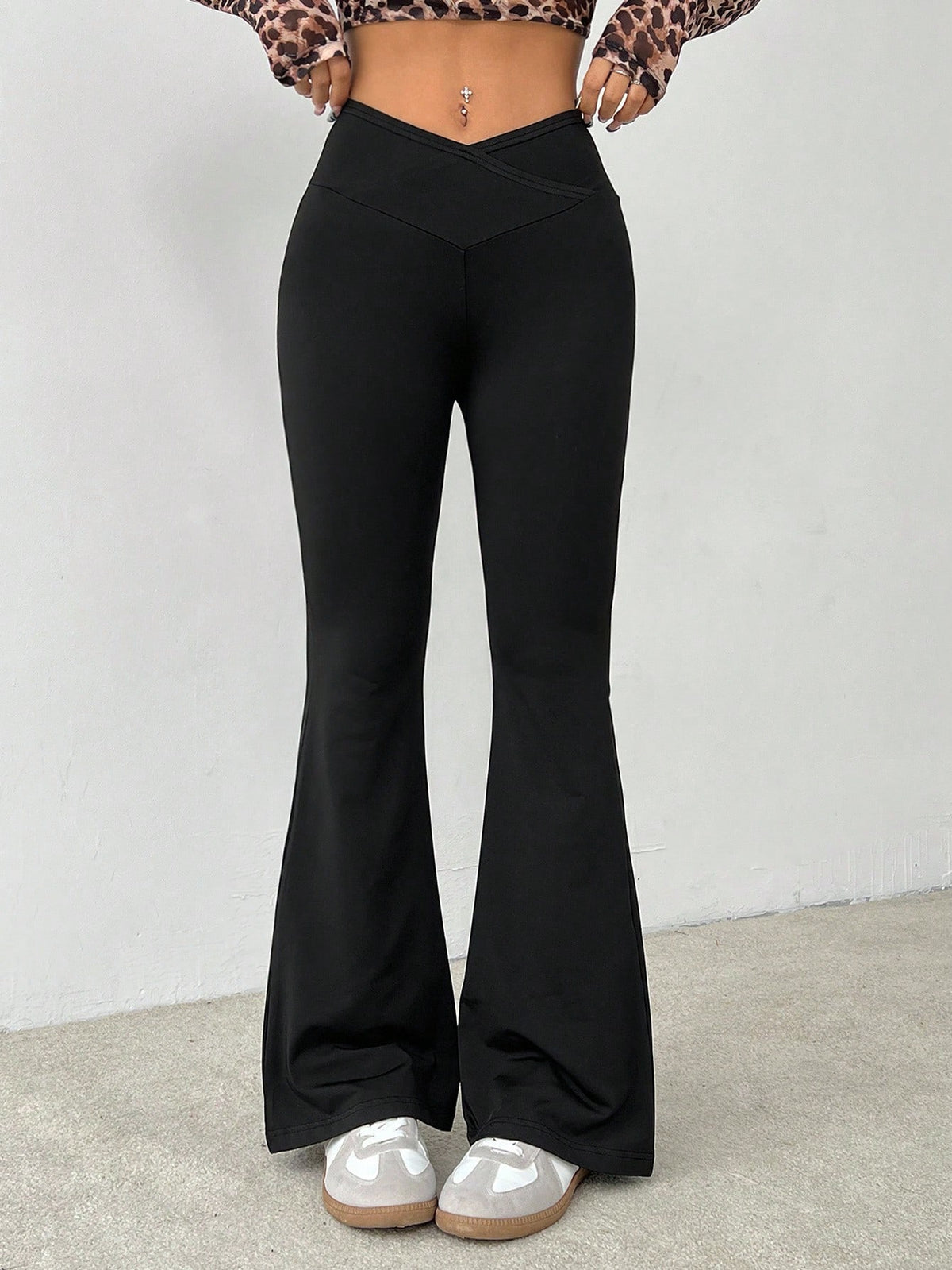 PETITE Simple Casual Solid Color Wrap High Waist Flared Pants,Petite Women Gym Workout Black Summer