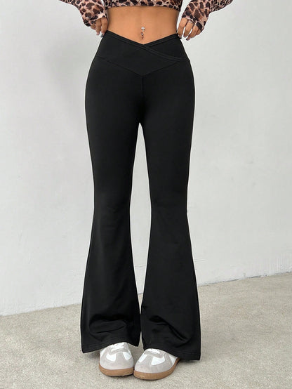 PETITE Simple Casual Solid Color Wrap High Waist Flared Pants,Petite Women Gym Workout Black Summer