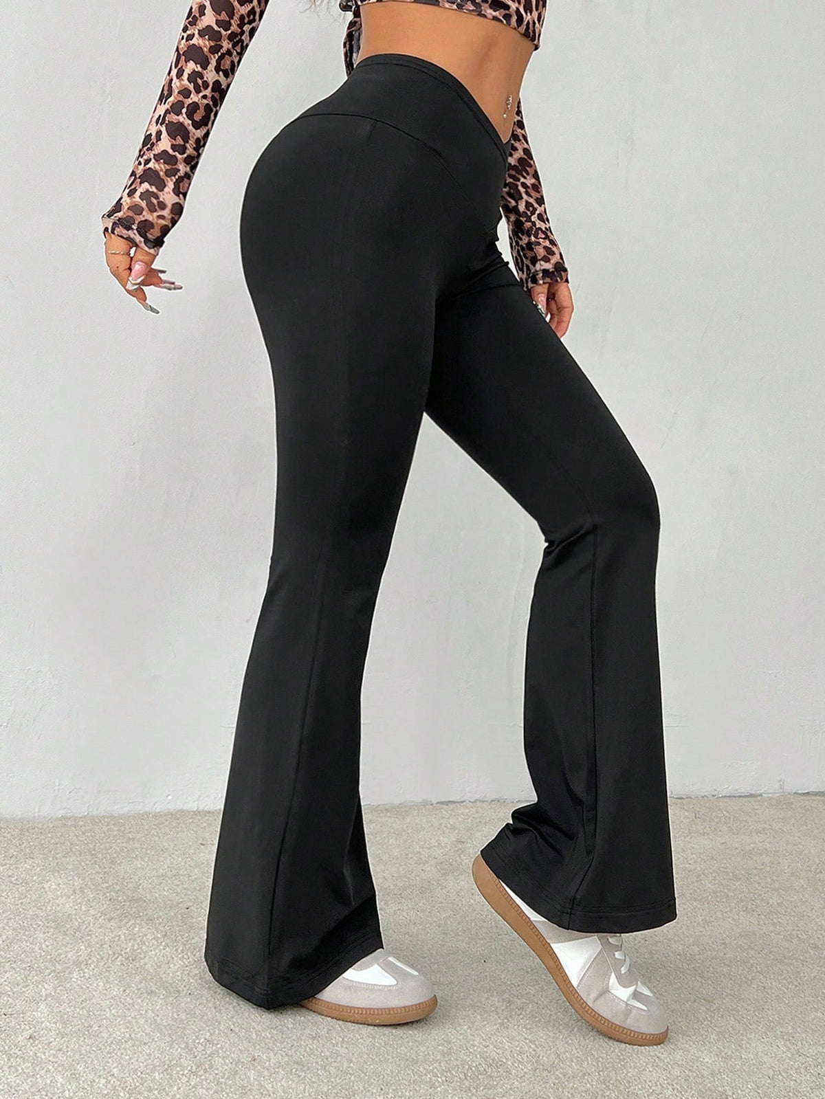 PETITE Simple Casual Solid Color Wrap High Waist Flared Pants,Petite Women Gym Workout Black Summer