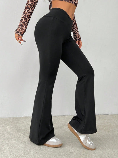 PETITE Simple Casual Solid Color Wrap High Waist Flared Pants,Petite Women Gym Workout Black Summer