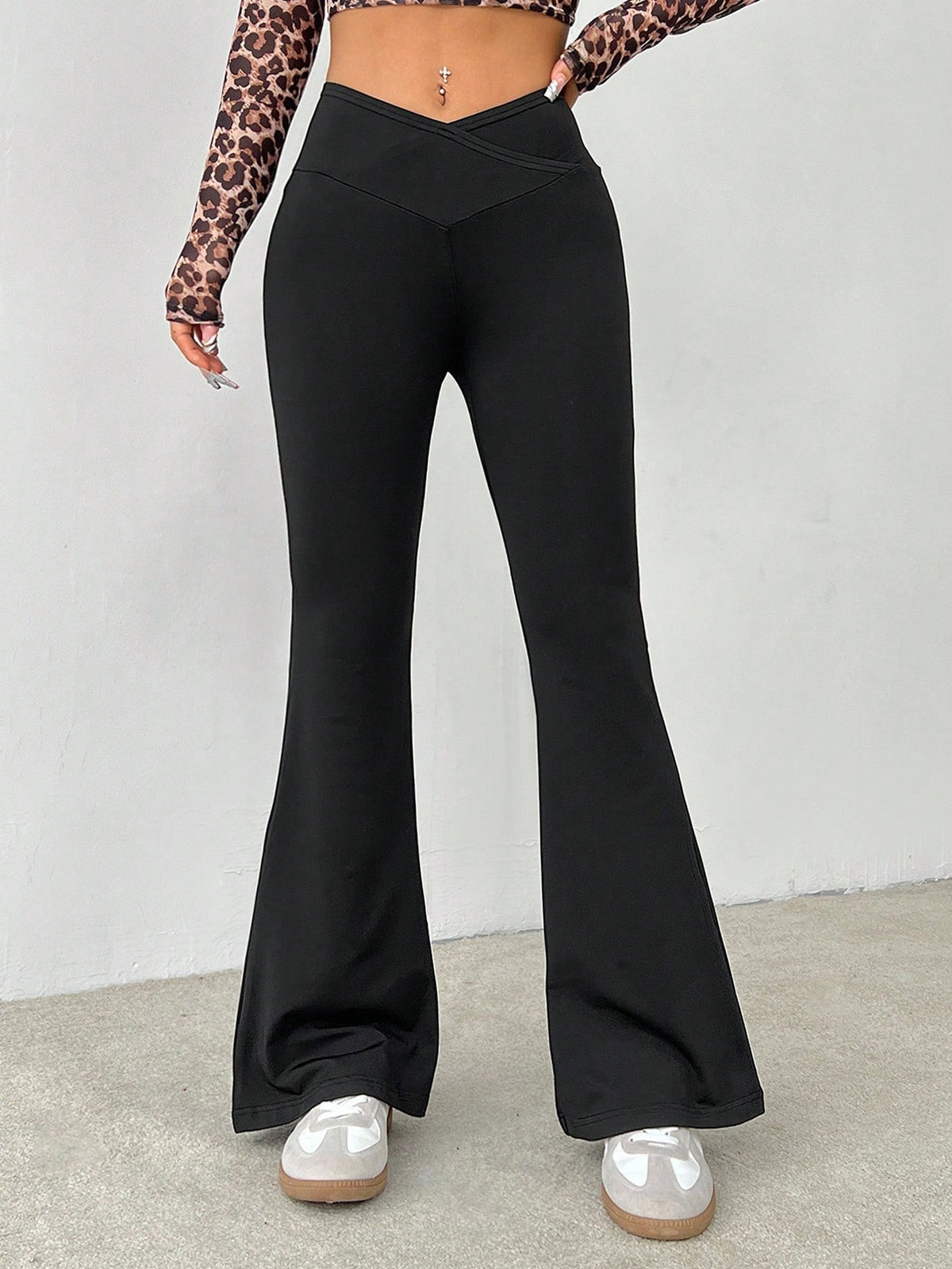 PETITE Simple Casual Solid Color Wrap High Waist Flared Pants,Petite Women Gym Workout Black Summer