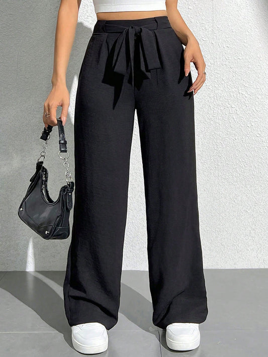 PETITE Solid Color High Waisted Belted Wide Leg Pants,Petite Women