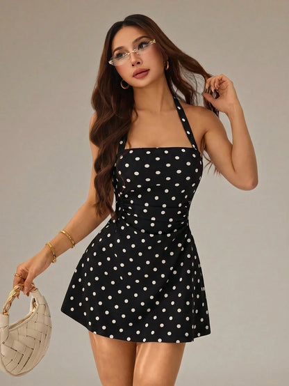 PETITE Women's Black White Polka Dot Halter Neck Short Dress Vacation Summer Vintage