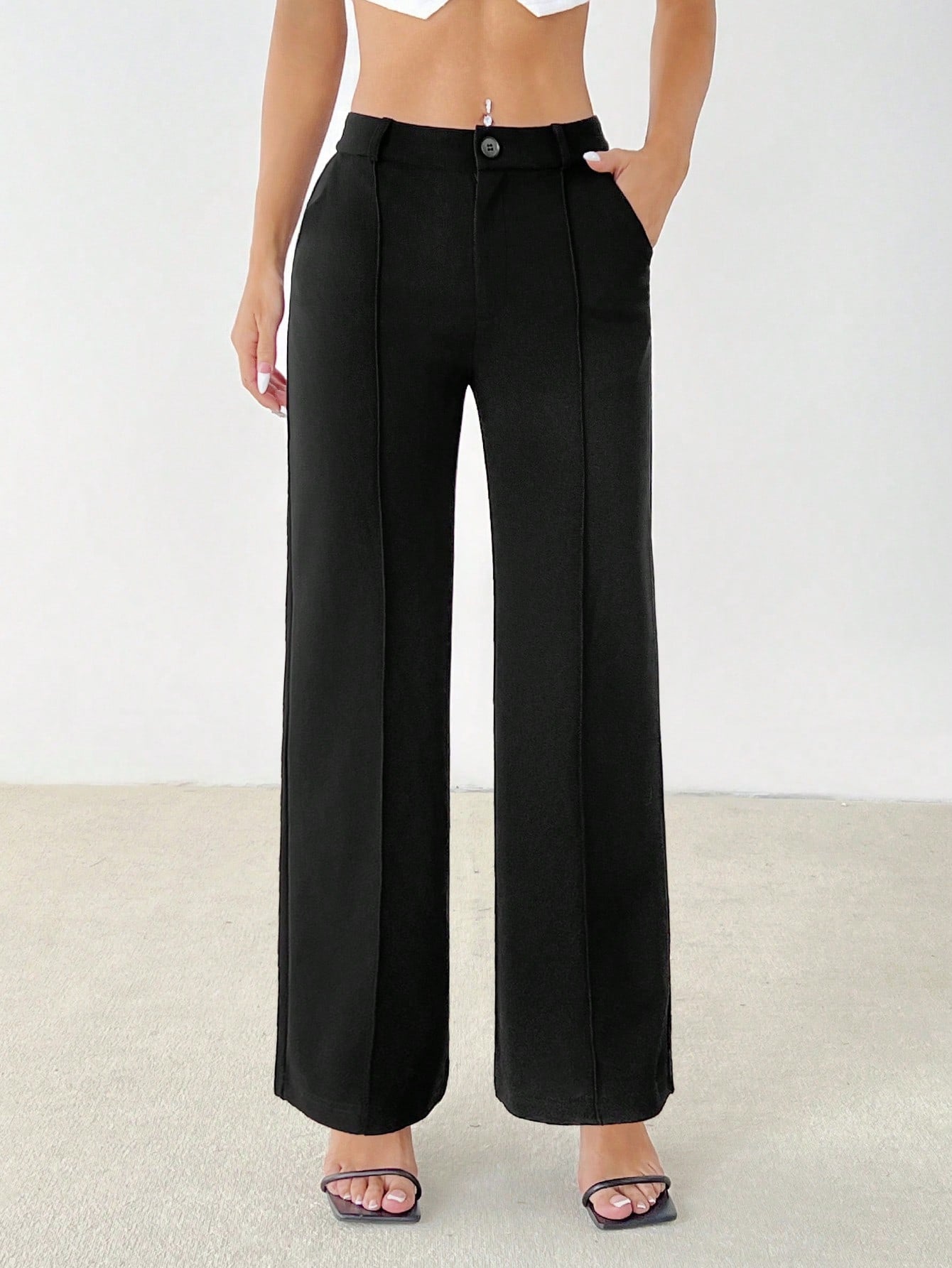 PETITE Women's Casual Elegant Classy Commuting Work Office Solid Straight Pants,Petite Women Teachers' Day Black Autumn
