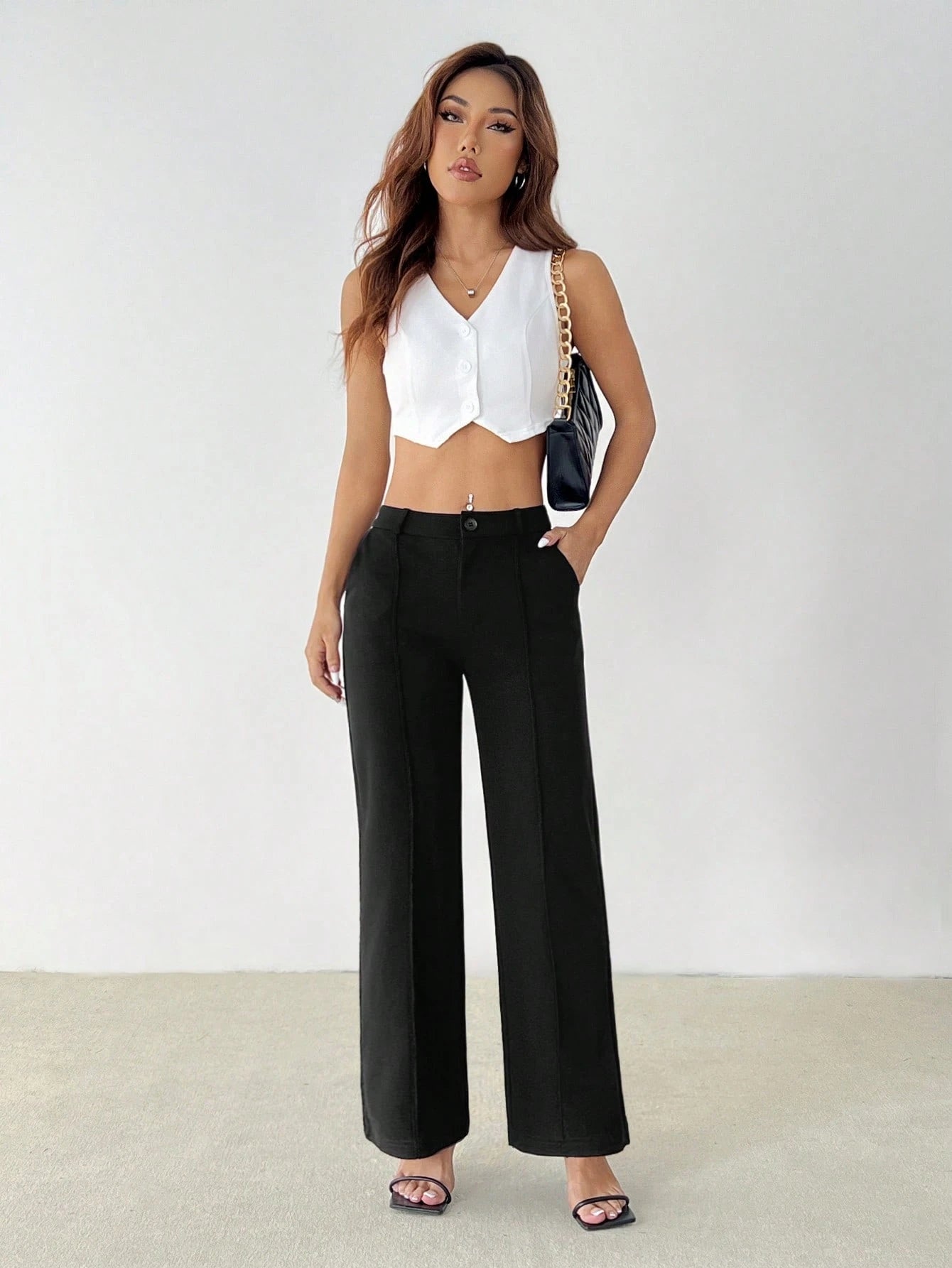 PETITE Women's Casual Elegant Classy Commuting Work Office Solid Straight Pants,Petite Women Teachers' Day Black Autumn