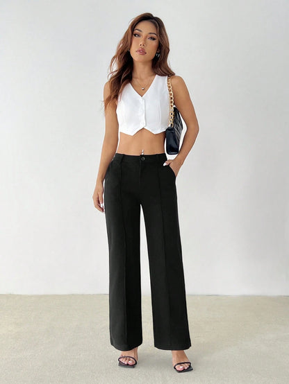 PETITE Women's Casual Elegant Classy Commuting Work Office Solid Straight Pants,Petite Women Teachers' Day Black Autumn