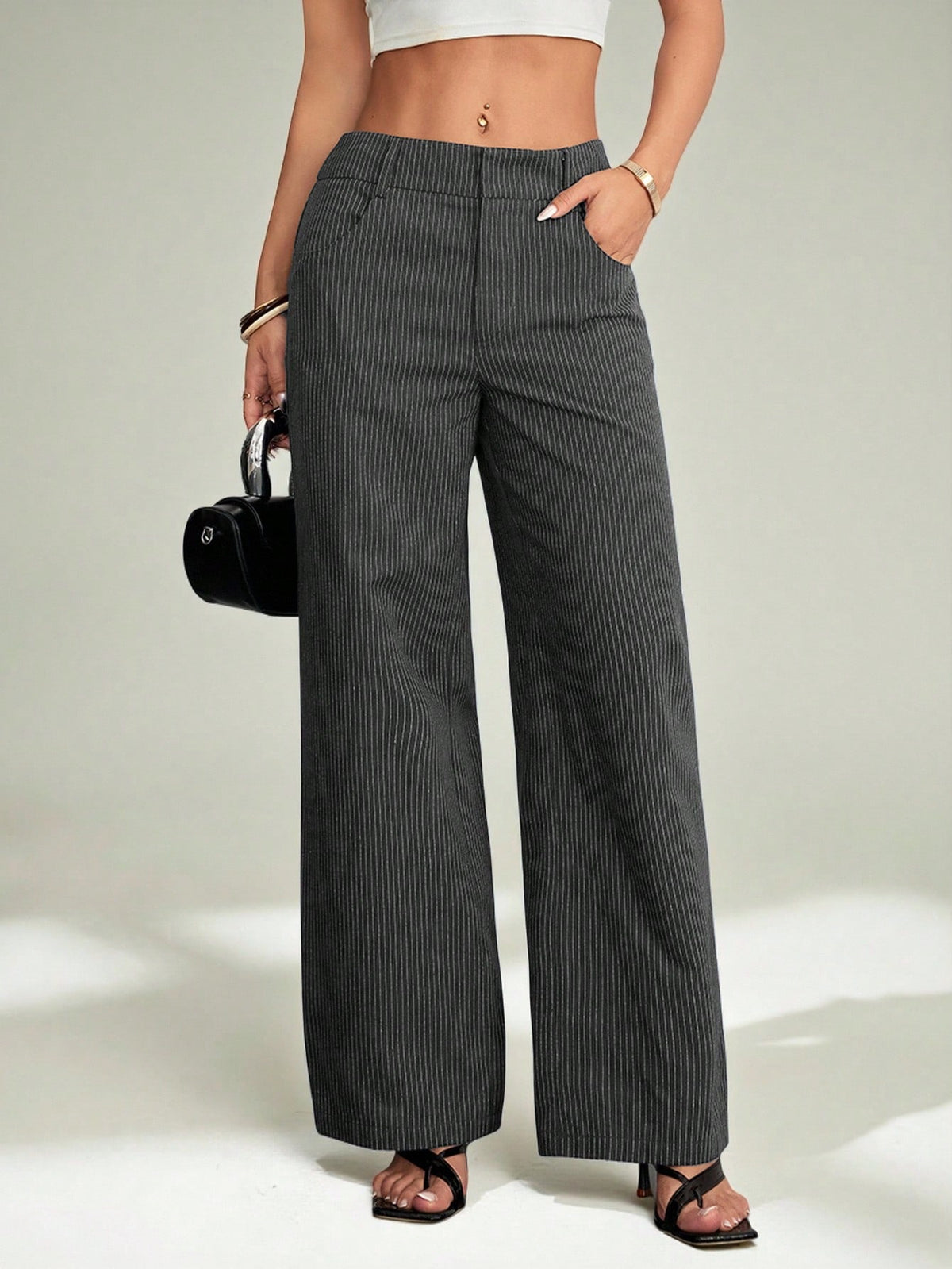 PETITE Women's Casual Fashionable Summer Vacation Striped Print Pocket Loose Pants For Daily Wear,Petite Women