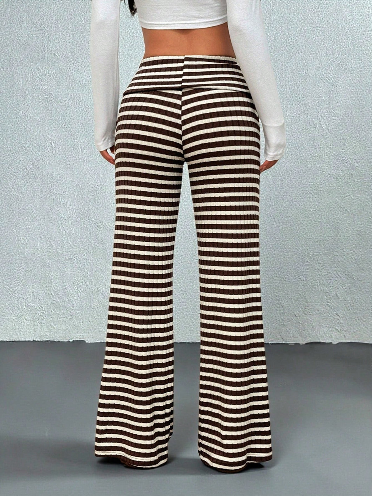 PETITE Women's Casual Streetwear Brown Polka Dot Fold-Over Waist Autumn And Winter Warm Knitted Pants Wide Leg Palazzo Flare Bell Bottom Pants Fall