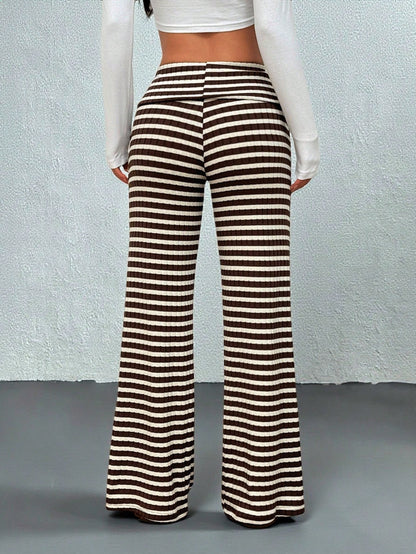 PETITE Women's Casual Streetwear Brown Polka Dot Fold-Over Waist Autumn And Winter Warm Knitted Pants Wide Leg Palazzo Flare Bell Bottom Pants Fall