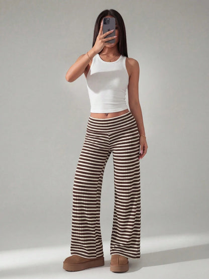 PETITE Women's Casual Streetwear Brown Polka Dot Fold-Over Waist Autumn And Winter Warm Knitted Pants Wide Leg Palazzo Flare Bell Bottom Pants Fall