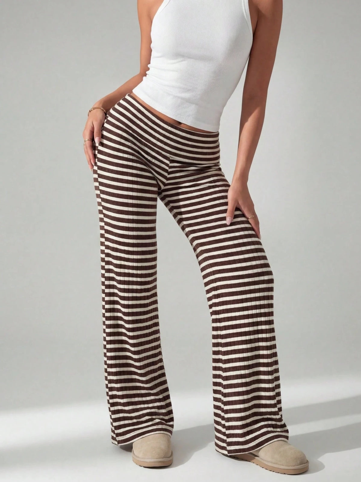 PETITE Women's Casual Streetwear Brown Polka Dot Fold-Over Waist Autumn And Winter Warm Knitted Pants Wide Leg Palazzo Flare Bell Bottom Pants Fall
