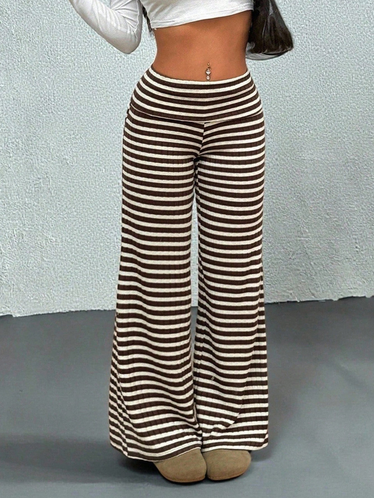 PETITE Women's Casual Streetwear Brown Polka Dot Fold-Over Waist Autumn And Winter Warm Knitted Pants Wide Leg Palazzo Flare Bell Bottom Pants Fall