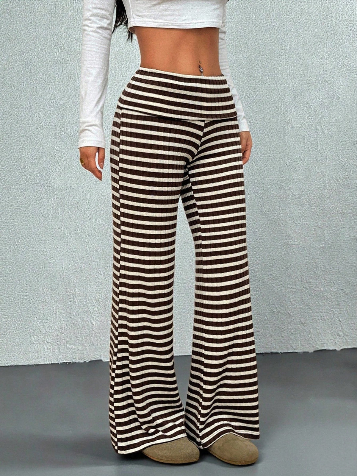 PETITE Women's Casual Streetwear Brown Polka Dot Fold-Over Waist Autumn And Winter Warm Knitted Pants Wide Leg Palazzo Flare Bell Bottom Pants Fall