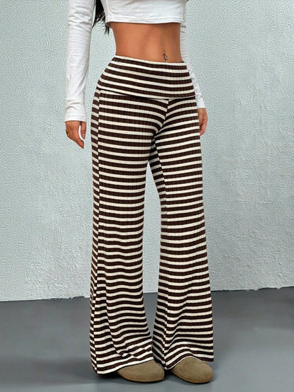 PETITE Women's Casual Streetwear Brown Polka Dot Fold-Over Waist Autumn And Winter Warm Knitted Pants Wide Leg Palazzo Flare Bell Bottom Pants Fall