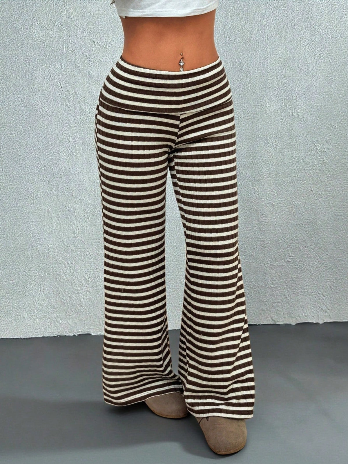 PETITE Women's Casual Streetwear Brown Polka Dot Fold-Over Waist Autumn And Winter Warm Knitted Pants Wide Leg Palazzo Flare Bell Bottom Pants Fall