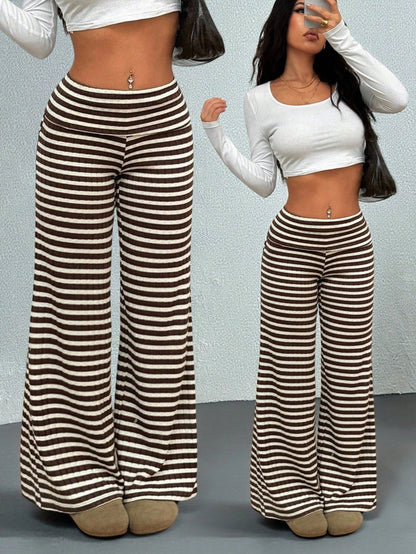 PETITE Women's Casual Streetwear Brown Polka Dot Fold-Over Waist Autumn And Winter Warm Knitted Pants Wide Leg Palazzo Flare Bell Bottom Pants Fall