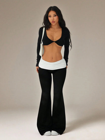 PETITE Women's Casual Y2k Sporty Contrast Color Fold-Over Waist Flare Pants Black And White Maternity Flared Leggings Clothes Petite Gym Autumn