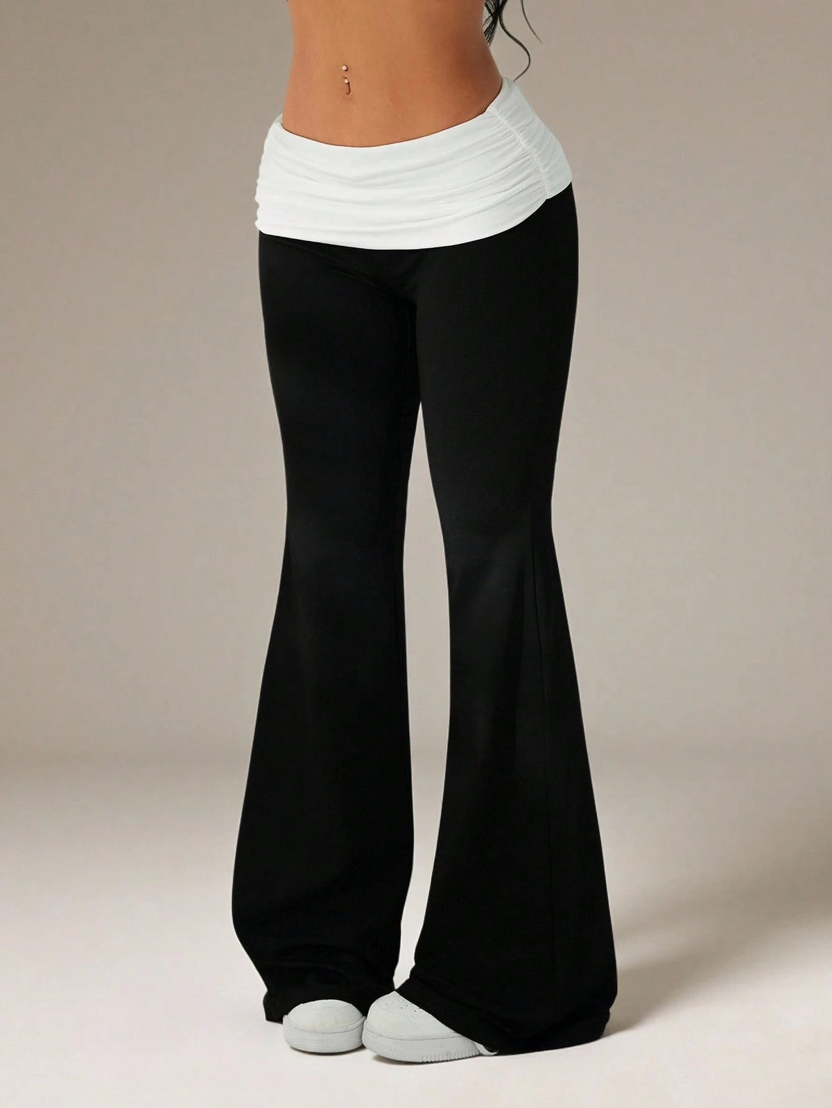 PETITE Women's Casual Y2k Sporty Contrast Color Fold-Over Waist Flare Pants Black And White Maternity Flared Leggings Clothes Petite Gym Autumn