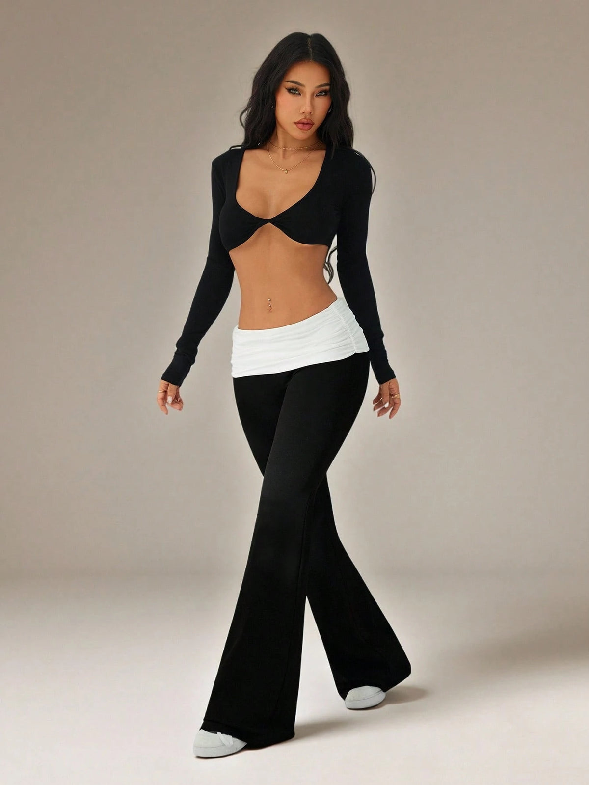 PETITE Women's Casual Y2k Sporty Contrast Color Fold-Over Waist Flare Pants Black And White Maternity Flared Leggings Clothes Petite Gym Autumn