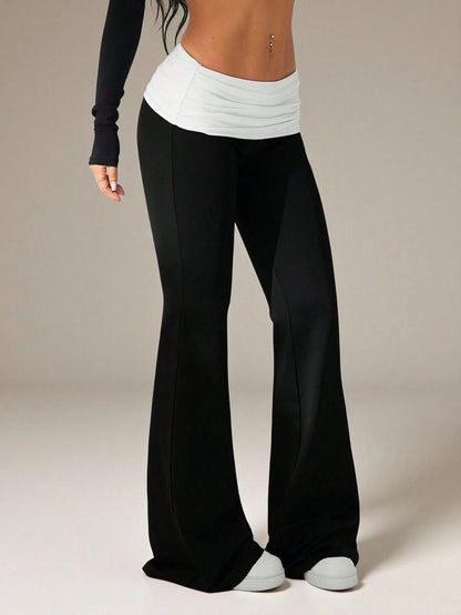 PETITE Women's Casual Y2k Sporty Contrast Color Fold-Over Waist Flare Pants Black And White Maternity Flared Leggings Clothes Petite Gym Autumn