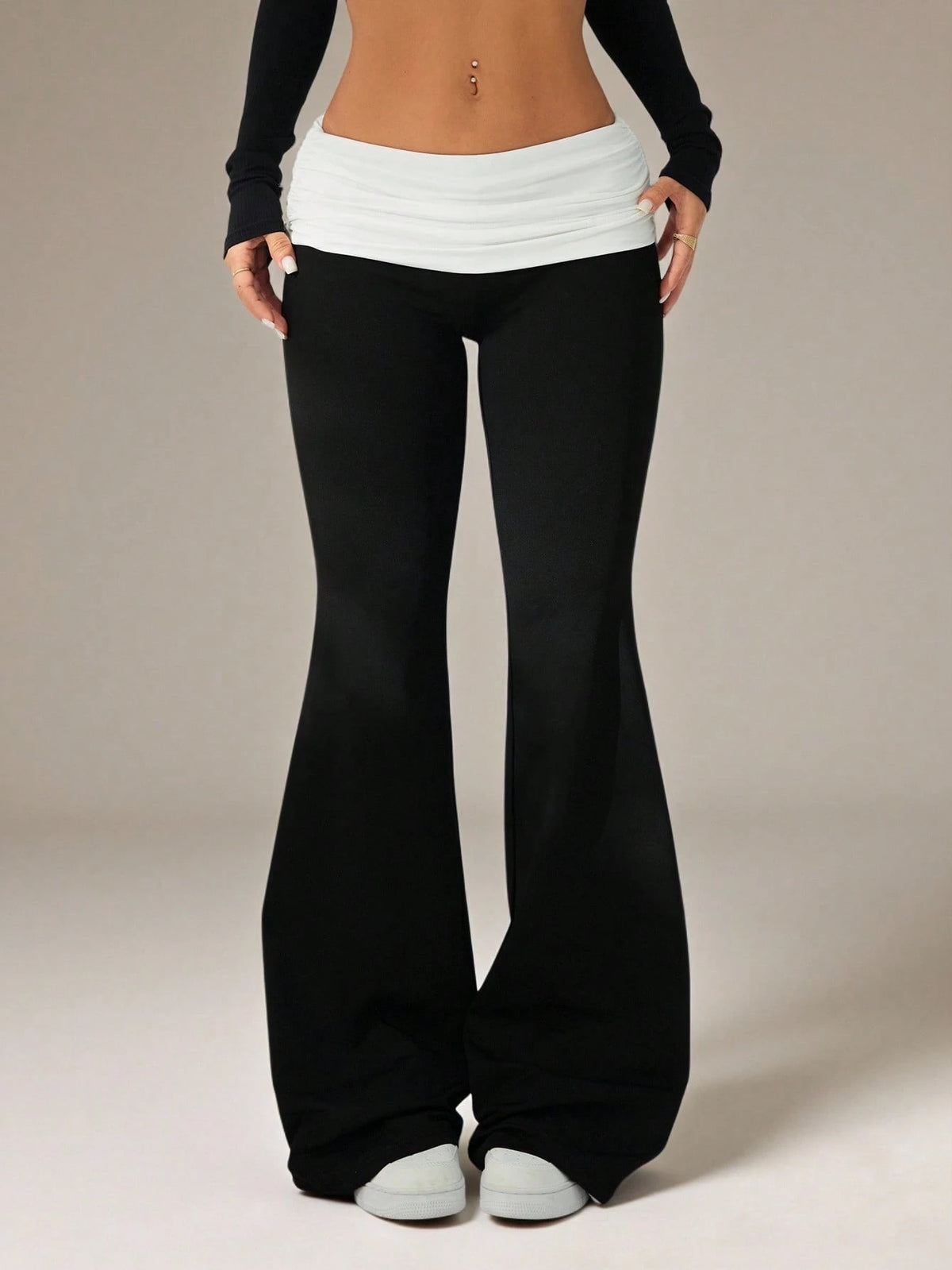 PETITE Women's Casual Y2k Sporty Contrast Color Fold-Over Waist Flare Pants Black And White Maternity Flared Leggings Clothes Petite Gym Autumn