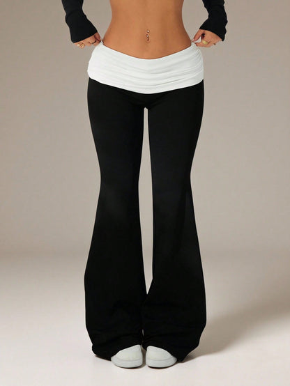 PETITE Women's Casual Y2k Sporty Contrast Color Fold-Over Waist Flare Pants Black And White Maternity Flared Leggings Clothes Petite Gym Autumn